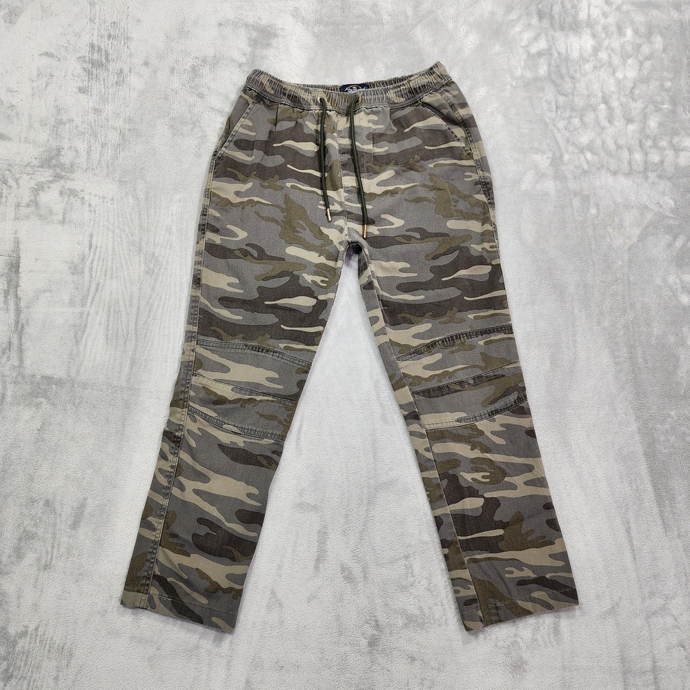 Across The Pond Pants Mens S Green Camo Denim‎ Pull On Drawstring Moto Stretch